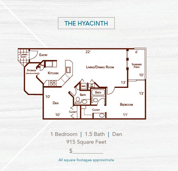 Floor plan for 1 bed, 1.5 baths, 915 sqft